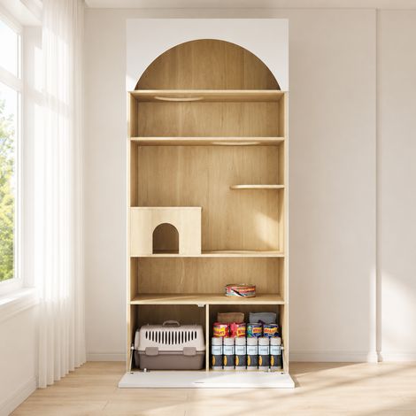 Mobile multifunzionale, mobile per animali domestici, con parete da arrampicata per gatti, cuccia e zona relax, 90 x 50 x 202 cm, mobile per gatti con vano contenitore, bianco + effetto legno (1/5)