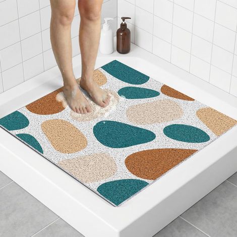 Tapis Anti-dérapant Douche Carré 70x70 cm, Tapis de Bain PVC Luffa Évacuation Rapide, Salle de Bain, Fond de Douche, Confortable, Facile à Nettoyer, sans Odeur, Personnes Âgées, Pierre Kaki (1/5)