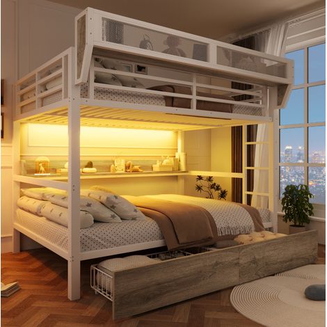 REDOM - Letto a castello 140x200 cm con mensola, cestino, 2 cassetti e LED metallo MDF bianco (Senza materasso) (1/5)