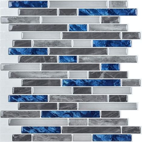 10 Pièces,Carrelage Autocollant Bleu,Crédence Adhésive Cuisine en Vinyle,Sticker Carrelage Mural Salle de Bain,Effet Mosaïque,30x30cm  Effet Mosaïque,30x30cm (1/5)