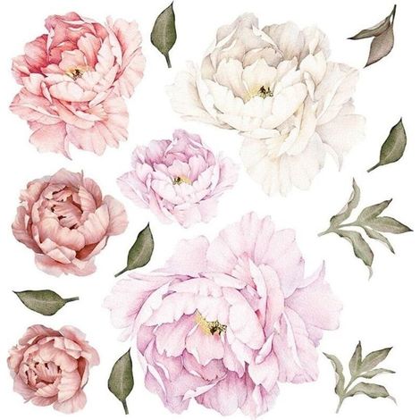 CSPARKV stickers muraux GRAND PIVOINES Tricolore I autocollant sticker mural rose blanc fleurs romantique plantes feuilles I Décor pour salon chambre cuisine couloir chambre d'enfant (1/5)