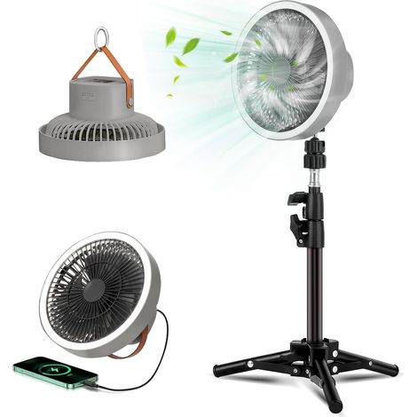 Campingventilator mit 10.000 mAh Akku, höhenverstellbarem Stativ, LED-Laterne (3 Modi), 3 Geschwindigkeiten, 180° schwenkbar, Haken