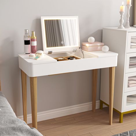 Toletta bianca con specchio HD ribaltabile, gambe in legno, 2 scomparti chiusi, 83,6×40×75cm, MDF (1/5)