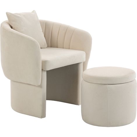 Fauteuil inclinable avec repose-pieds, chaise longue à dossier incurvé et accoudoirs, revêtu de chenille nordique beige. (1/5)
