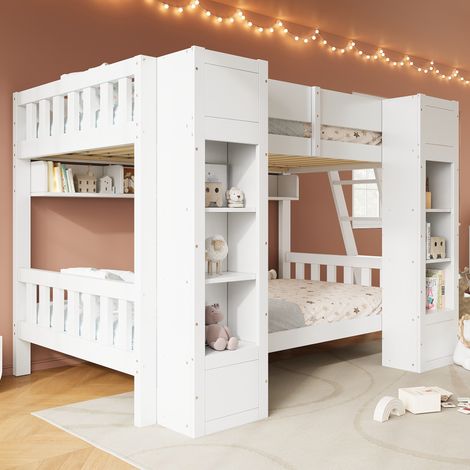 Lit superposé 90x200 avec rangements et étagères - Pin massif et MDF - Échelle réversible - Barrières sécurité - EN747 - Charge 120kg - Blanc (1/5)