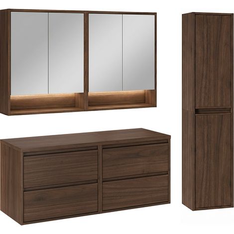 Waschtischunterschrank-Set 120cm Hochschrank und Spiegelschränke Edmé Dunkles Holz (1/5)