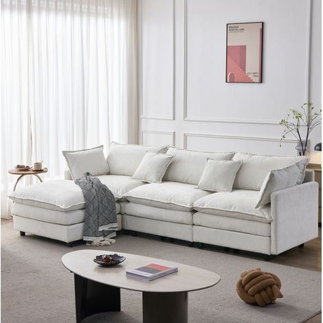 Sofá esquinero modular de 3 plazas, con reposapiés móvil, montaje sin herramientas, chenilla beige (1/5)