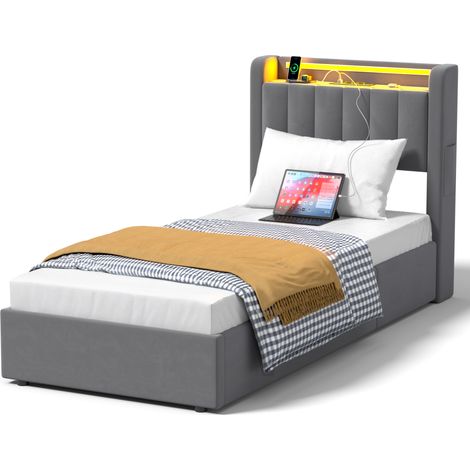 Cama tapizada de 90x190 cm con arcón hidráulico, LED y puertos USB, cabecero acolchado de terciopelo, estructura de MDF y metal para dormitorio – CHICFURN (1/5)