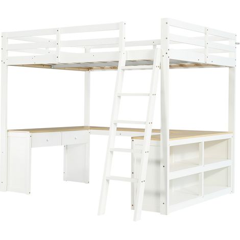Lit mezzanine enfant avec bureau en U, 2 tiroirs, étagère, pin MDF PB, 140x200 cm (1/5)