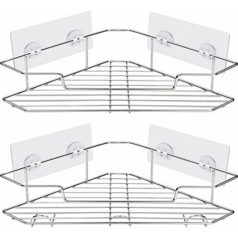 Étagère de douche d'angle, étagères de salle de bain en acier inoxydable avec crochets - Organiseur d'étagère de douche auto-adhésif pour salle de bain, cuisine - Chrome, lot de 2 (1/5)