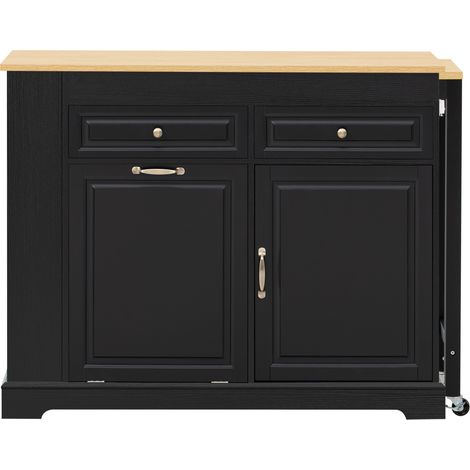 CHICFURN Îlot de cuisine mobile extensible avec plan de travail escamotable, rangement pour poubelle, tiroirs et étagère à épices, noir et bois clair (1/5)