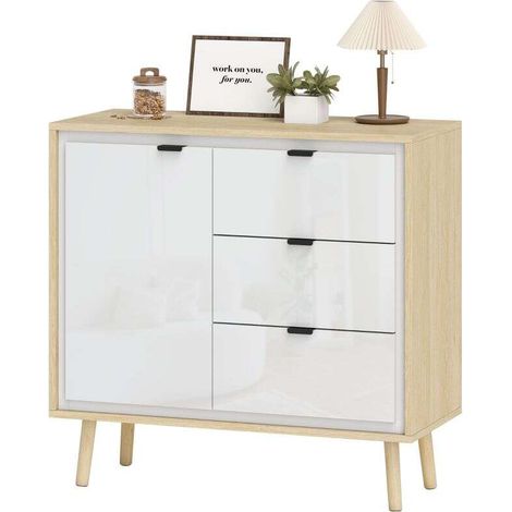 Wohnzimmer-Sideboard 80 x 35 x 77 cm – Aufbewahrungsmöbel mit 2 Türen, 3 Schubladen und verstellbarem Einlegeboden, ideal als Küchenschrank oder Wandschrank, Weiß