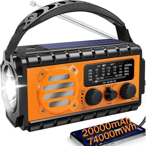 Radio d'urgence 20000 mAh avec météo NOAA, radio de survie portable SW / AM / FM avec batterie solaire rechargeable à charge rapide, lampe de poche, lampe de lecture, SOS Sirenor Home Outdoor (1/5)