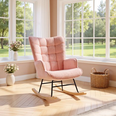 Fauteuil à Bascule, Rocking Chair avec accoudoirs et pieds en bois, Chaise à Bascule Scandinave à motif quadrillé, pour Chambre à Coucher Salon Balcon, Velours teddy Rose, 68 x 75 x 92 cm (1/5)