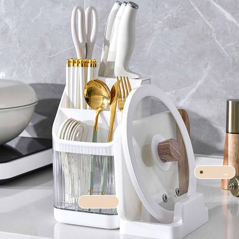 Porte-couteaux et organisateur d'ustensiles transparent avec bac égouttoir, compartiment de rangement, blanc (1/3)