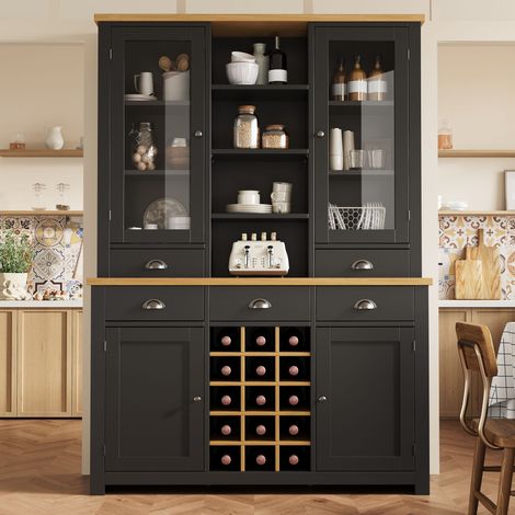Armoire haute polyvalente noire anti-basculement,porte vitrée,poignées métalliques,fermeture douce et porte-vins amovible cuisine salon.