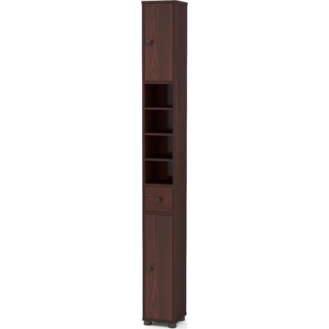 Costway – Meuble colonne salle de bain 20 x 20 x 180 cm – 2 placards, 1 tiroir, 5 étagères réglables – MDF brun – Sécurité anti-basculement (1/5)
