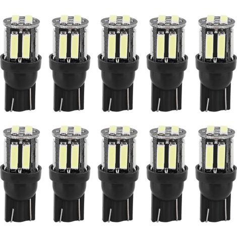 Pack de 10 ampoules LED T10 7020 10SMD pour voiture, feux de recul, plaque d'instrumentation, veilleuses et éclairage intérieur, type coin (1/5)