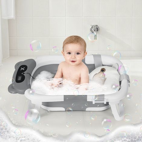 Wolketon Faltbare Babybadewanne mit Gestell und Badematte, rutschfeste Babywanne für Neugeborene & Kleinkinder (Grau)