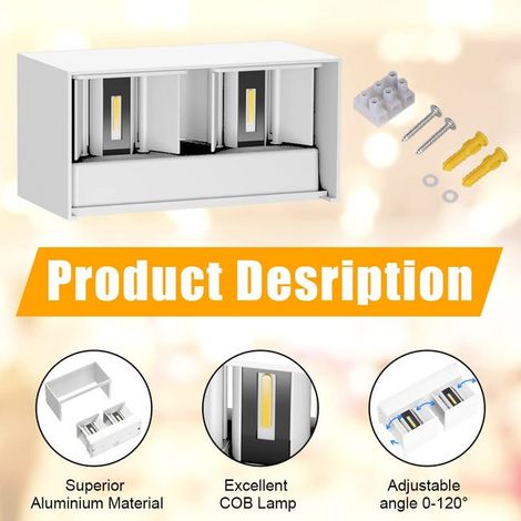 Applique LED da parete 24W per uso interno/esterno, fascio luminoso regolabile verso l'alto e verso il basso, applique 3000K, IP65 (1/3)