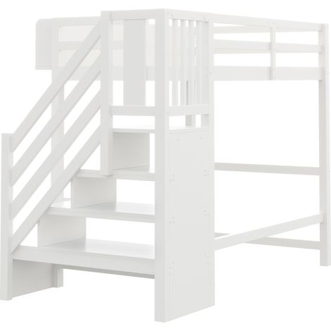Cama alta 90 x 200 cm de madera con LED, almacenamiento, escalera y barandilla, blanca (1/5)