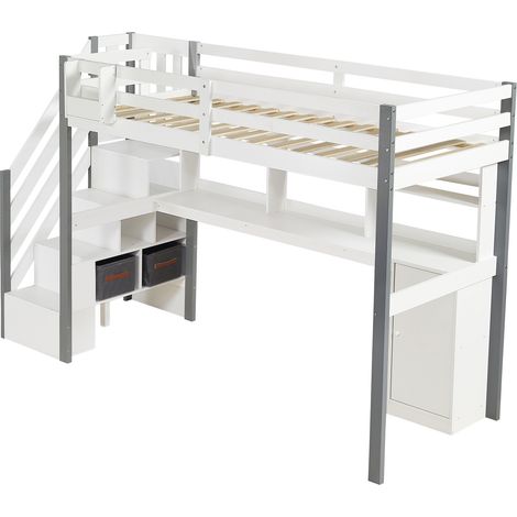 Cama alta 90x200 cm con escritorio, almacenaje y escalera, madera y MDF, blanco gris (1/5)