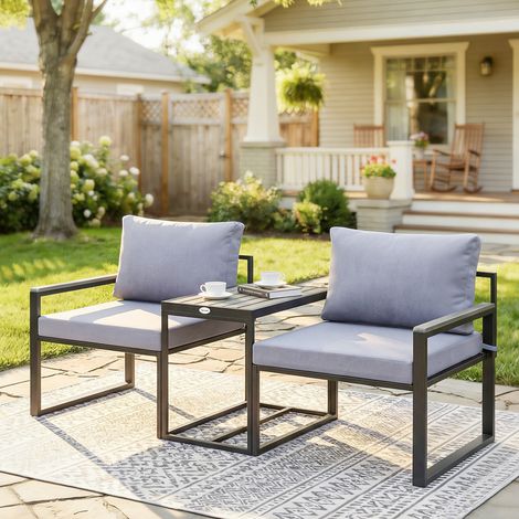 Ensemble mobilier balcon en 3 pièces 2 fauteuils table Assise coussins dossier amovibles Housse respirante - Couleur: Gris