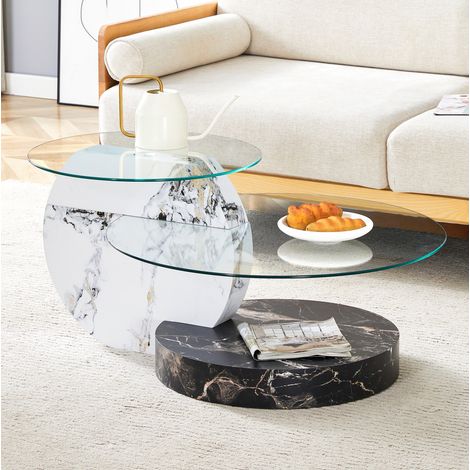 Table basse moderne à deux niveaux en verre de sécurité, MDF, effet marbre blanc et noir, 90 cm (1/5)