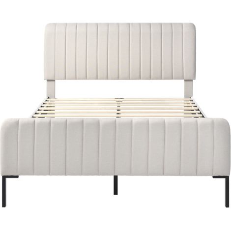 Lit capitonné 140×200 cm, lin gris-beige, sommier, tête réglable