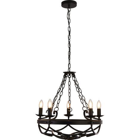 Lampadario Rustico-Country Cartwheel Iii Acciaio Nero 5 Luci E14 (1/5)