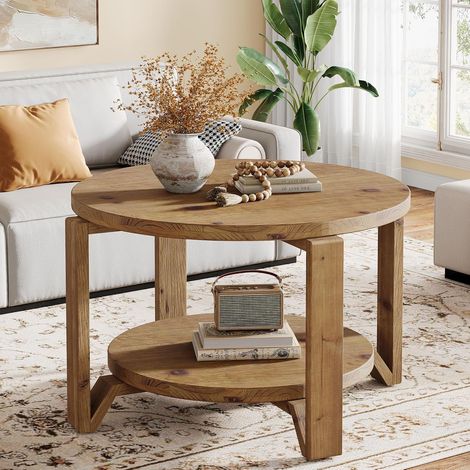 Tribesigns Massivholz Runder Couchtisch, 80 cm Couchtisch mit Zwei Ablageflächen für das Wohnzimmer und kleine Räume, mit Geriffeltem Trommelfuß und Stauraumnische, Walnuss