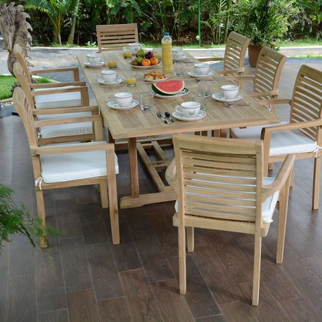 Salon de jardin en teck massif Kingston – Table rectangulaire extensible 180/210/240 cm + 8 fauteuils Samoa empilables – Résistant aux intempéries – Teck'Attitude (1/7)