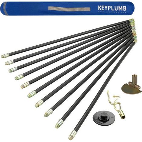 Keyplumb Drain Rod Set Universal 13 piece including 3 Fittings + 30ft Carry Bag (1/4)