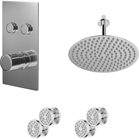 Circo Polished Chrome Push Button Diverter Concealed Thermostatic Shower Valve and 300mm Round Fixed Head with 150mm Ceiling Arm and 4 Body Jets - 2 Outlet (1/5)