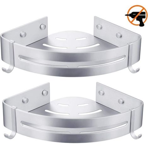 étagère d'angle Douche, Etagere salle de bain sans percage, Aluminium Panier de rangement pour douche avec crochets - tablette d'angle douche (Plata-doble) (1/3)