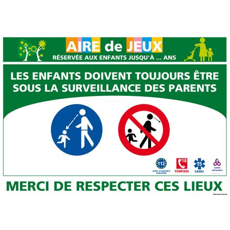 Panneau Aire de jeux. Panneau d'information personnalisable. Aire de jeux Surveillance. Sticker, PVC ou Alu, au choix - Adhésif - 1200 x 840 mm