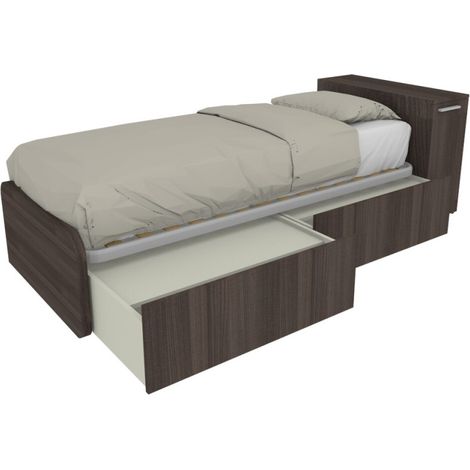 Letto singolo salvaspazio con cassetti e testata contenitiva - Olmo jerez scuro