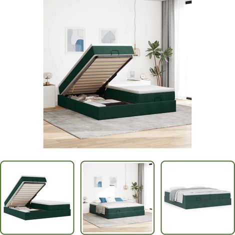 Sommier hydraulique - Cadre de lit ottoman avec matelas vert foncé 160x200 cm velours (1/5)