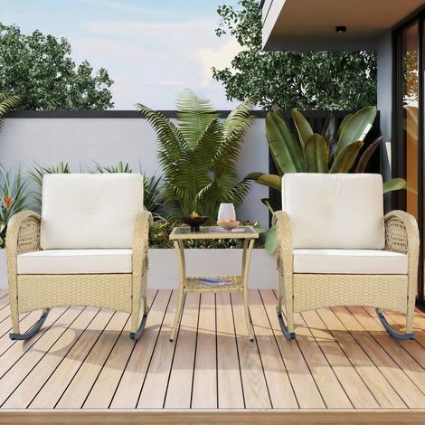 Gartenmöbel-Set Rattan Beige 3-teilig, 2 Schaukelstühle und Glastisch, Eisenrahmen, Kissen inklusive LINHOO (1/5)