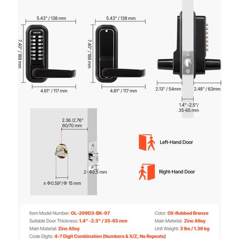 VEVOR Mechanical Keyless Entry Door Lock, 2.0 Code Upgrade, 4-7 Digits Code, Single-Sided Push Button Combination Keypad Door Lock with Handle, Auto Locking, for Indoor or Outdoor, Oil-Rubbed Bronze (1/4)