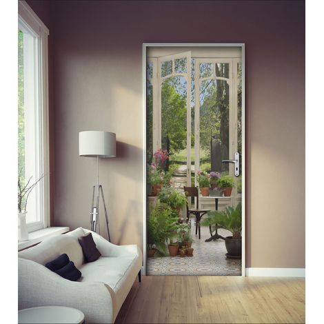 Sticker mural décoratif pour porte – Trompe-l'œil jardin d'hiver – Dimensions 204 cm x 83 cm – Autocollant repositionnable – Plage