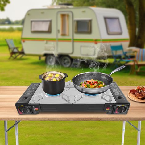 Hornillo de gas para barbacoa con doble quemador y doble uso Hornillo portátil para acampada con hornillo de butano de mesa Incluye funda, placa de cocción y caja (1/5)