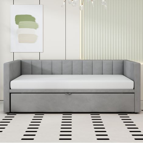 Sofa cama 90x200 cm gris tapizado, cama extraible con somieres de lamas (1/5)