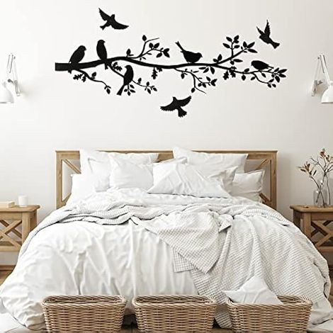 Lot de 5 décorations murales en autocollant noir avec oiseaux sur une branche - Décoration murale à suspendre pour intérieur ou extérieur - Décoration murale pour maison, bureau, balcon, jardin