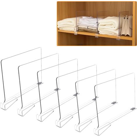 6 Pcs Séparateurs Etagère Acrylique Transparent, Séparateur Organisateur Placard Armoires Réglables Multifonction, Diviseur Rangement Perçage Sans pour Eorganisation Chambre Coucher, Cuisine, Placard (1/5)