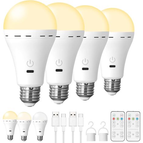 Lampada LED ricaricabile - Attacco E26/E27 - Senza fili - 2200 mAh - 300 lumen - 3 temperature di colore - Dimmerabile - Timer - Telecomando e porta USB-C - Confezione da 4 (1/5)