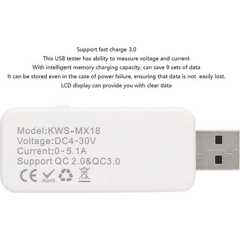 Testeur de charge USB avec écran LCD, détecteur, voltmètre numérique, ampèremètre, voltmètre DC4-30V (blanc) (1/4)