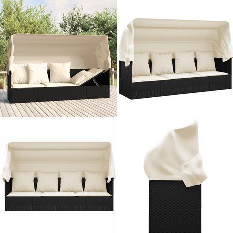 Lettino Prendisole Esterno con Tetto e Cuscini Nero Polyrattan - Lettino prendisole - Cuscini per seduta