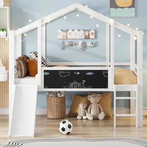 Lit cabane enfant - KOMHTOM - 90x200 cm - Bois massif - Glissoire - Tableau noir (1/5)