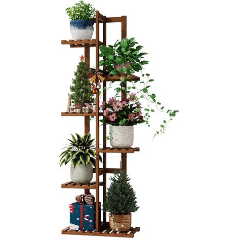 Support pour plantes en bambou - Étagère d'intérieur - Petit support de fleurs en métal pour terrasse, jardin, balcon, salon, chambre à coucher - Marron thé - 6 étages (1/5)